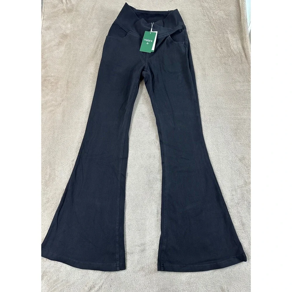Halara Flex Denim Crossover‎ Flare Pants Womens XS Reg Black Stretch Comfy New